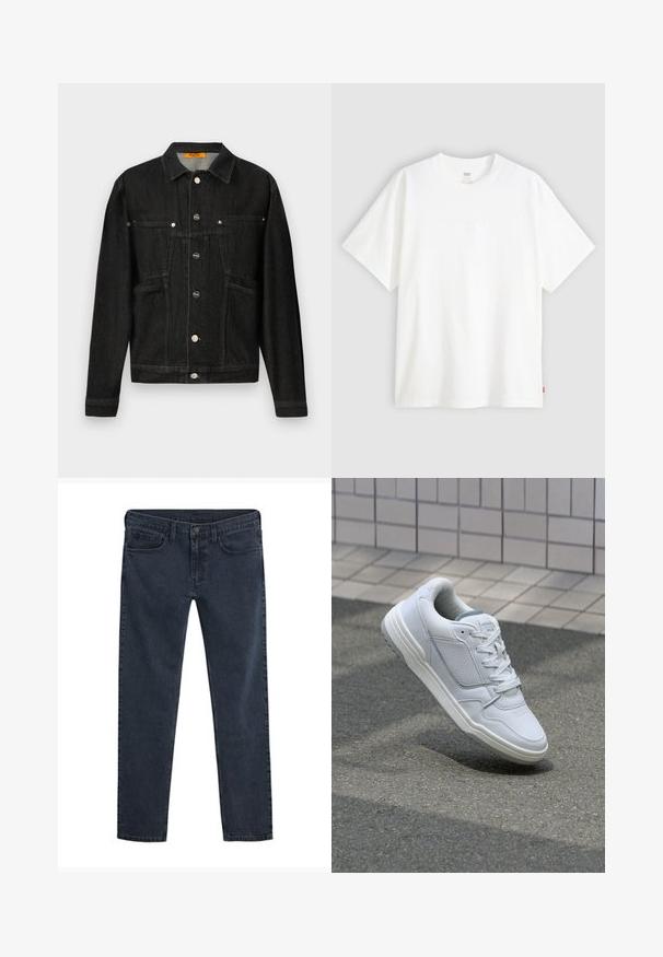 Musta farkkutakki, jossa on kauluspaita, kaksi rintataskua ja napitus. Valmistettu pehmeästä, tekstuurista kankaasta perinteisessä muodossa.; Valkoinen lyhythihainen t-paita, joka on valmistettu puuvillasta ja jossa on pyöreä pääntie. Etupuolella on hienovarainen kohokuvioitu logo ja helmassa punainen etiketti.; Tummansiniset denimfarkut, joissa on kapeahko istuvuus, viiden taskun muotoilu, nappikiinnitys ja hienovarainen kulutettu pinta koko kankaassa.; Valkoinen nahkakengät, joissa on rei'itetyt sivut, teksturoituja yksityiskohtia, tasaiset nauhat ja erottuva harmaa kanta. Varrella on hieman kohotettu pohja.