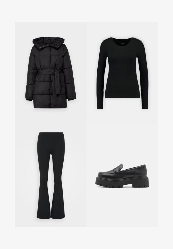 Mustat puffat takki huoodilla, vyötärön vyöllä ja laatikkomaista muotoa. Valmistettu quiltatusta, teksturoidusta kankaasta, jossa näkyvät ompeleet ja napit.; Musta pitkähihais shirt ribbed-kankaasta. Ominaisuudet: pyöreä pääntie ja istuva siluetti. Yksinkertainen muotoilu ilman kuvioita tai korostuksia.; Mustat leveät housut, jotka on valmistettu joustavasta kankaasta, ja joissa on korkea vyötärö sekä sileä pinta. Housut levenevät polven kohdalla.; Mustat nahkasaappaat matalalla, paksulla kumipohjalla, ylätiedossa on tikkauskoristelu ja pinta on sileä.