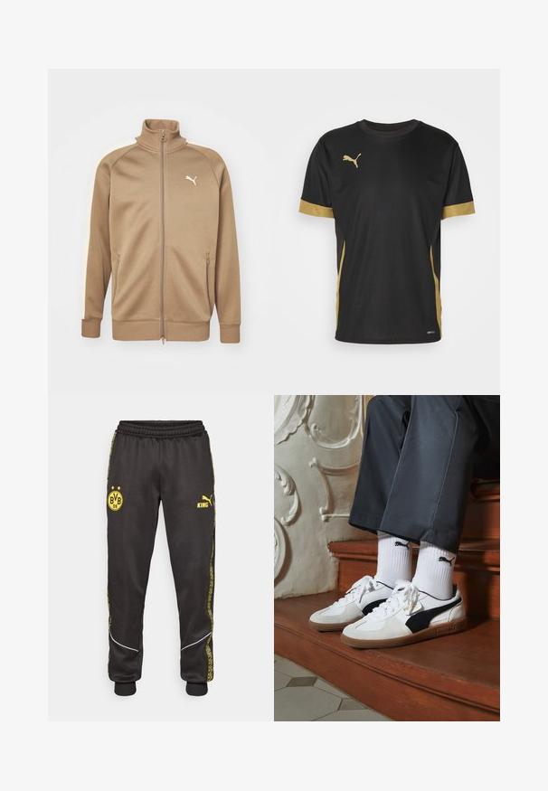 Barna cipzáros dzseki magas gallérral és krémszínű oldalsó panelek. Rátett bordás mandzsettákkal és aljjal rendelkezik, valamint egy kis fehér logó található a mellkason.; Fekete sportpóló arany díszítéssel az ujjakon és az oldalon. Kerek nyakkivágással, rövid ujjakkal és nedvességelvezető DRYCELL anyagból készült.; Fekete sportnadrág sárga Borussia Dortmund BVB 09 és Puma King logókkal, elasztikus derékkal és mintás sárga oldalsó csíkokkal.; Fehér és fekete velúr Puma sportcipők, barna gumitalppal. Fehér zoknival párosítva, amely fekete logót visel, sötét nadrággal kombinálva.