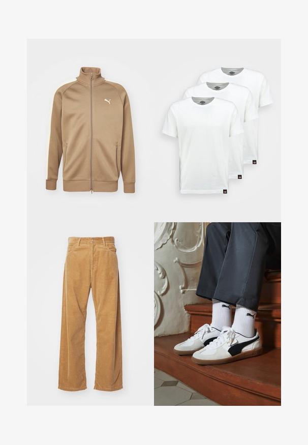 Brown zip-up jacket with a high collar and cream side panels. Features ribbed cuffs and hem, plus a small white logo on the chest.; Three plain white cotton t-shirts with short sleeves. Each shirt features a round neckline and a small black logo tag on the left side.; Corduroy wide-leg pants in a tan color. Features textured, vertical ridges, with a standard waistband and two front pockets.; Puma sneakers in white and black suede, featuring a brown rubber sole. Paired with white socks displaying a black logo, worn with dark pants.