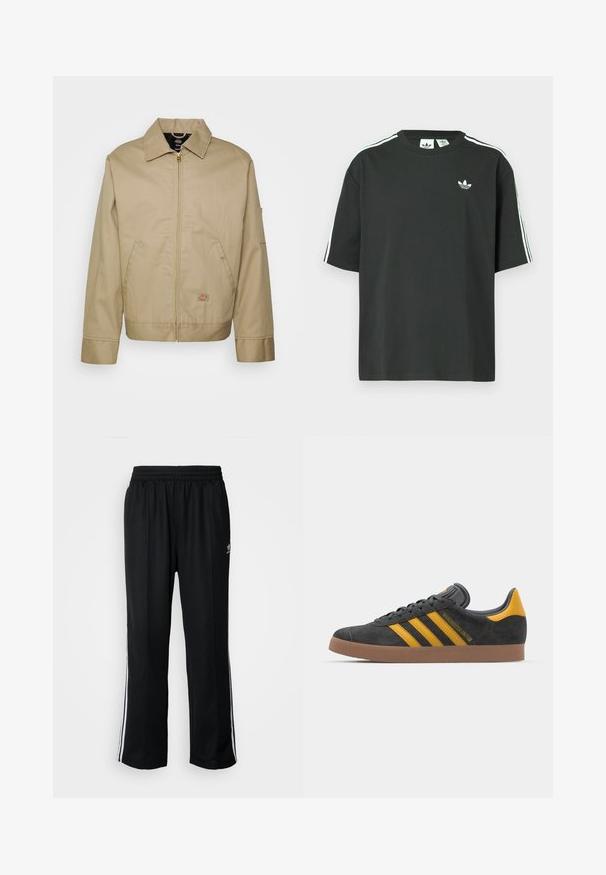 Bežs kokvilnas uzvalks ar rāvējslēdzēju, punktveida apkakli, sānu kabatām un logotipa plāksteri. Iezīmē strukturētu siluetu un apakšmali.; Melna kokvilnas T-krekls ar īsām piedurknēm, apaļu kakla izgriezumu un baltām trim svītrām uz pleciem. Uz krūtīm neliels balts logo.; Melni sporta bikses ar elastīgu jostas vietu, kurām ir baltas sānu svītras un neliels logotips. Materiāls izskatās mīksts un viegls.; Melnas zamšādas kedas ar dzelteniem akcentiem, kurām ir trīs svītras un brūna gumijas zole. Iekļauta mīksta valkāšanas tongue komfortam.
