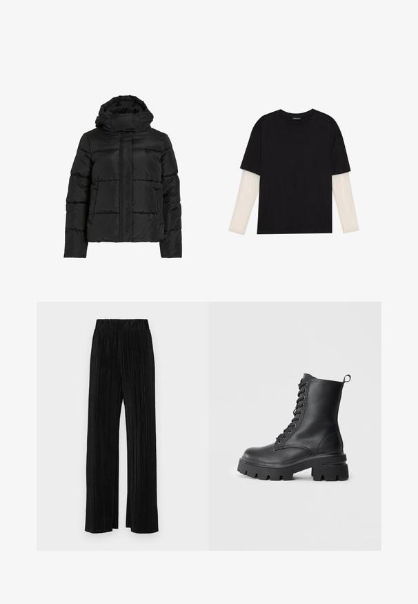 Svart dunjakke med høy krage, horisontalt quiltet mønster og glidelås foran. Har lommer og et litt croppet design.; Svart T-skjorte laget av bomull, med korte ermer over et hvitt langermet lag med en subtil teksturert mønster. Rund hals design.; Sorte plisserte bukser med elastisk midje. Har vide ben og et glatt, strukturert stoff med vertikale striper.; Sorte skinn-lisse støvler med en kraftig såle, rund tå og strukturert overdel. Har metalløye og en liten løftestrop på baksiden.