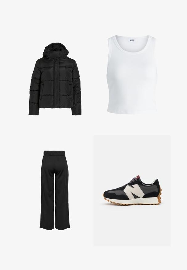 Juoda pūkinė striukė su aukštu apykakliu, horizontaliu dygsniuotu raštu ir priekiniu užtrauktuku. Yra kišenės ir šiek tiek trumpintas dizainas.; Balta raukšlėta tank top marškinėliai su apvaliu iškirpimu, be rankovių dizainu ir trumpa ilgio. Etiketėje parašyta "JJXX." Lygus audinio paviršius.; Juodos, plačios kelnės su elastinga juosta, pagamintos iš lygaus audinio. Pasižymi švariu dizainu, be kišenių ar matomų siūlių detalių.; Juoda ir pilka zomšinė sportinė avalynė su dideliu kreminiu "N" logotipu, violetinėmis raištelėmis ir tekstūruota gumos padu.