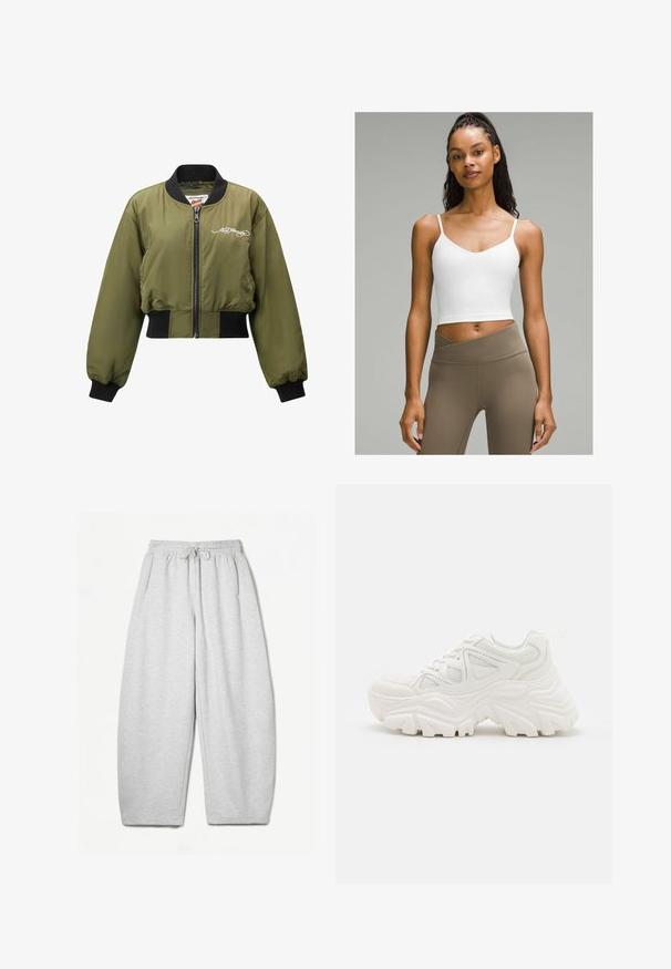 Ed Hardy CITY NIGHT CROPPED - Bomber bunda - green; Bílý zkrácený top s tenkými ramínky a výstřihem do V. Kombinováno s kalhotami vysokého pasu v světle hnědé barvě. Hladká textilie.; Šedé tepláky s uvolněným střihem, elastickým pasem, šňůrkou a bočními kapsami; vyrobeny z měkké, strukturované tkaniny.; Bílé robustní tenisky s texturovaným svrškem, síťovinovými panely a silnými gumovými podrážkami s výrazným vzorem protiskluzu. Součástí jsou tkaničky a poutko.