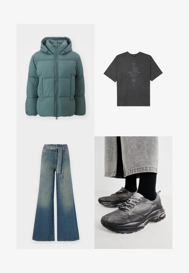 Puffjakke i dæmpet grøn med lynlås fortil, hætte og to store forlommer. Materialet ser blødt ud med en quiltet tekstur.; Mørkegrå oversized t-shirt lavet af bomuld, med et centralt solgrafik med indviklede linjedetaljer trykt på forsiden.; Bredbens-denimbukser med en lys til mørk blå gradient, høj talje, bælteløkker og et matchende stofbælte. Tekstureret denimfinish.; Sorte og grå atletiske sko har en mesh-overdel, tykke såler og snørebånd. De har en afrundet tå og synligt dæmpningsdetalje.