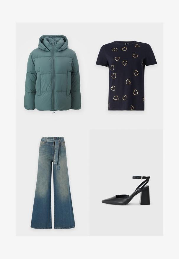 Puffer jacket in muted green, featuring a zip front, hood, and two large front pockets. The material appears soft with a quilted texture.; Navy short-sleeve t-shirt in cotton with gold outlined heart patterns scattered across the fabric. Round neckline. Soft texture.; Wide-leg denim trousers featuring a light to dark blue gradient, high waist, belt loops, and a matching fabric belt. Textured denim finish.; Black leather pointy-toe pump with an ankle strap and a chunky heel. Flat texture, sleek design, and minimalistic aesthetics.