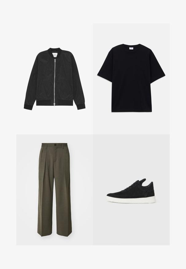 Svart bomberjacka i ett mjukt och lätt material med dragkedja, ribbade manschetter och nederkant samt sidfickor. Enkel och strömlinjeformad design.; Svart kortärmad oversized T-shirt med rund halsringning och synlig Filippa K-märkesetikett inuti kragen.; Filippa K WIDE TROUSERS - Tygbyxor - driftwood; Svart mockaskor med en vit gummisula, som har ton-i-ton-sömmar och snörningsdesign. Slät textur med en modern, strömlinjeformad form.