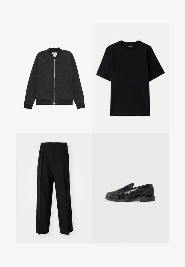 Musta pilottilentäjän takki, jossa on sileä, kevyt kangas, vetoketjukiinnitys, ribbaatut hihansuut ja helma sekä sivutaskut. Yksinkertainen, virtaviivainen muotoilu.; Musta puuvillapaita, jossa on pyöreä kaula-aukko ja lyhyet hihat. Vasen rintatasku on koristeltu hillityllä logopistolla. Tasainen ja sileä pinta.; Mustat laskostetut housut, joissa on suora, leveä lahje. Valmistettu sileästä kankaasta, jossa on nappisuljenta ja vyölenkit.; Musta kudottu liukupohjallinen kenka, jossa on sileä nahkakorostus päällisessä, pyöreä kärki ja matala kumipohja.