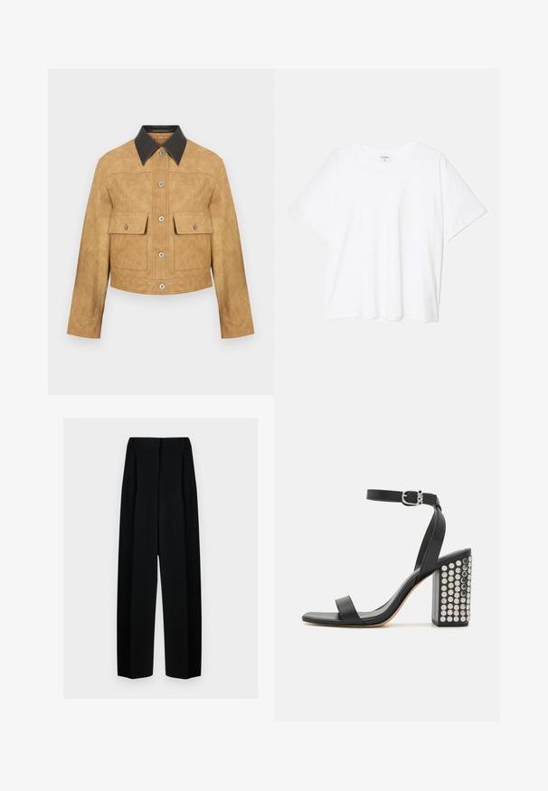 Smėlio spalvos odinė trumpa striukė su juodu apykakle, turinti dvi priekinės kišenes ir snapsų uždarymą. Lygi tekstūra su matiniu paviršiumi.; Balta medvilnės marškinėliai trumpomis rankovėmis, apvalia iškirpte, laisvo kirpimo ir su siūtu kraštu. Etiketė matoma vidinėje iškirptės pusėje.; Juodos plačios kelnės su aukštu liemeniu, su klostėmis ir glotnia tekstūra. Medžiaga atrodo lengva ir dailiai krenta.; Juodos odinės aukštakulnės šlepetės su kulkšnies dirželiu. Yra kvadratinis pirštas, lygus paviršius ir kvadratinis bloko kulnas, papuoštas sidabriniais nagais.