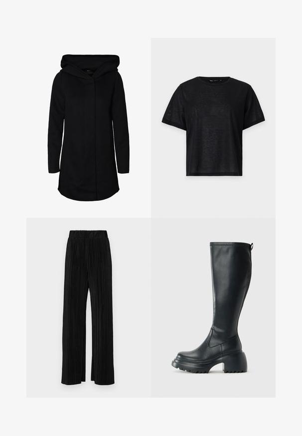 Cappotto lungo nero con cappuccio, caratterizzato da una texture liscia, apertura frontale senza bottoni e un taglio dritto. Nessun motivo o accento visibile.; T-shirt nera a maniche corte con una vestibilità rilassata, caratterizzata da una texture liscia e un collo a giro. Tessuto leggero con una leggera lucentezza.; Pantaloni neri a plissé con vita elasticizzata. Presentano gamba ampia e un tessuto liscio e texture con strisce verticali.; Stivale lungo in pelle nera con suola piatta robusta e tacco a blocco, dotato di linguetta e battistrada testurizzato sulla suola.