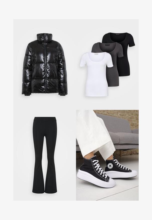 Zwarte gewatteerde jas van glanzend materiaal, met een hoge kraag, ritssluiting en een gestikte ontwerp met grote, gevoerde secties.; Drie getailleerde T-shirts in het wit, grijs en zwart. Elk met een brede ronde hals en korte mouwen. Gemaakt van gladde, rekbare stof.; Zwarte uitlopende broek van rekbaar materiaal, met een hoge tailleband en een gladde textuur. De broek loopt uit vanaf de knie.; Zwarte hoge sneakers met witte rubberen zolen en veters. Voorzien van een ronde logo patch en contrasterende witte stiksels. Gemaakt van canvas.