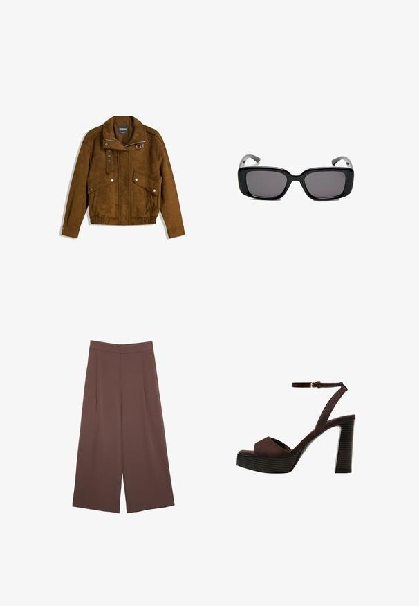 Rjava suknjič iz gamščine z srebrnimi pritiskači, dvema sprednjima žepoma s poklopcem, zadrgo in sponko na ovratniku.; Rjava kratka majica s kratkimi rokavi iz mehkega materiala, s krožnim izrezom in ohlapnim krojem. Brez vidnih vzorcev ali dodatkov.; Rjave široke hlače z gladko teksturo, ki imajo visok pas in sprednje naborke. Tkanina je lahka in prosto pada.; Rjave semiš sandale z visoko peto, odprto spredaj, z nastavljivim gležnjenjem in črtastim podplatom.; Črne pravokotne sončne očala z temnimi lečami, gladkim plastičnim okvirjem in ukrivljenimi nogicami. Oblika je robustna in minimalistična.