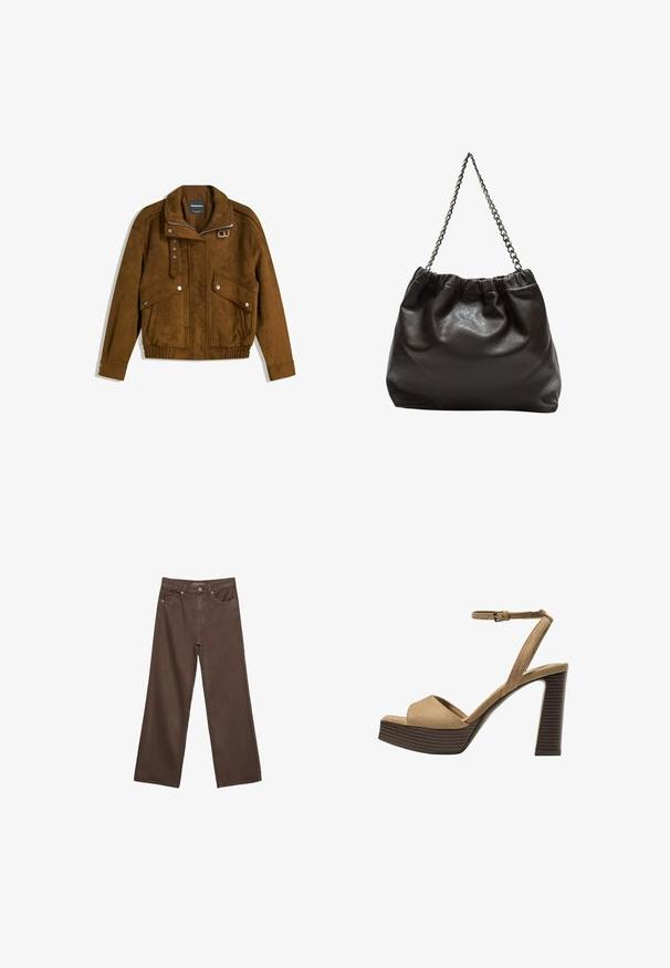 Hnedý semišový bomber s striebornými cvokmi, dvoma prednými vreckami na klopu, zipsom a prackou na golieri.; Hnedé tričko s krátkym rukávom vyrobené z jemného materiálu, s okrúhlym výstrihom a voľným strihom. Žiadne viditeľné vzory ani akcenty.; Džínsy s širokými nohavicami v hnedej farbe, vyrobené z denimu, so zvýšeným pásom, prednými vreckami a klasickým zapínaním na gombík. Hladká textúra s jemným prešívaním.; Bežové semišové sandále na vysokom opätku s širokým predným pásom a pásikom okolo členka, ktoré majú masívny drevený blokový opätok s textúrovaným povrchom.; Hnedá kožená taška so zberaným vrchom a reťazovým popruhom. Hladký povrch s lesklým finišom a jemným švom po stranách.