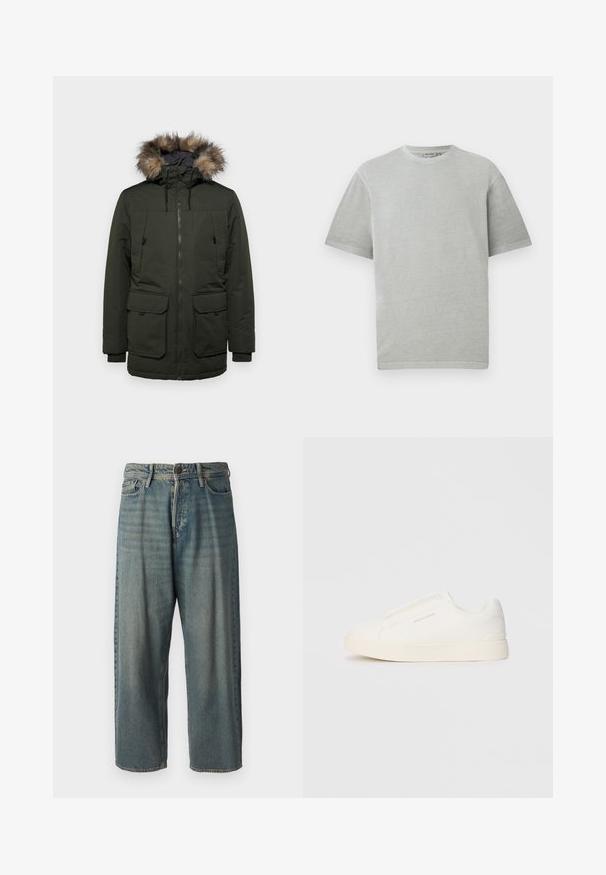 Temnozeleni zimski parka s kapuco obloženo s krznom, zadrževa sprednji zadrga, dve veliki sprednji žep in prilagodljivi manšeti.; Svetlo siva majica s kratkimi rokavi in okroglim izrezom, prikazana na enobarvni beli podlagi.; Svetlomoderne kavbojke z ohlapnim krojem, srednjim pasom in ravnimi nogami. Imajo pet žepov, zanke za pas in zapiranje na gumb.; Bele zapete brez vezalk z teksturirano površino, debelim podplatom in minimalističnim dizajnom. Na strani se nahaja logotip blagovne znamke.