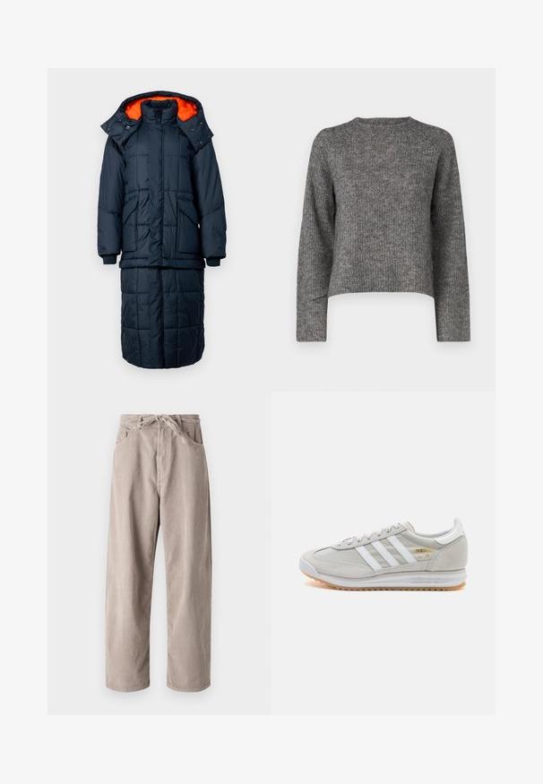 Cappotto lungo imbottito, blu navy con interno arancione, dotato di zip frontale, cappuccio e tasche a toppa, motivo a griglia cucita, polsini elasticizzati.; Maglione grigio lavorato a maglia con maniche lunghe, scollatura rotonda e vestibilità rilassata. Tessuto testurizzato e lunghezza corta. Nessun ulteriore dettaglio.; Pantaloni in velluto a coste beige con vestibilità ampia, dotati di vita con cordoncino, due tasche frontali e lavorazione a coste verticali.; Sneaker grigio chiaro realizzato in suede e rete, con tre strisce bianche, punta arrotondata e suola in gomma color caramello. Accento del logo dorato vicino ai lacci.