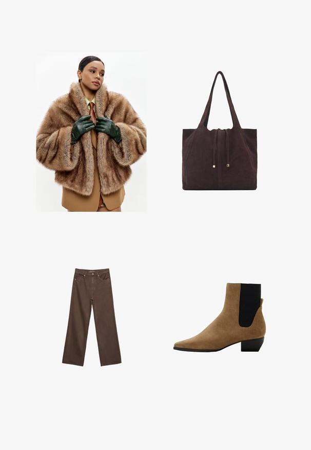 Ruskea turkki, jossa on leveä kaulus, yhdistettynä tummanvihreisiin nahkahansikkaisiin. Takilla on runsas ja teksturoitu ulkonäkö.; Pehmeä beige pitkähihainen pyöreäkauluksinen villapaita, jossa on ribbireunat manseteissa, helmassa ja kaula-aukoossa, esitetty tasaisena valkoista taustaa vasten.; Leviittävät ruskeat farkut, jotka on valmistettu denimistä, korkea vyötärö, etutaskut ja klassinen nappikiinnitys. Silkkinen pinta hienovaraisella ompelutyöllä.; Ruskean mokkanahkaiset nilkkurit, joissa on terävä kärki, musta elastinen sivupaneeli ja matala lohkarekorko. Pehmeä pinta, tyylikäs muotoilu.; Mango Shopping bag - dark brown