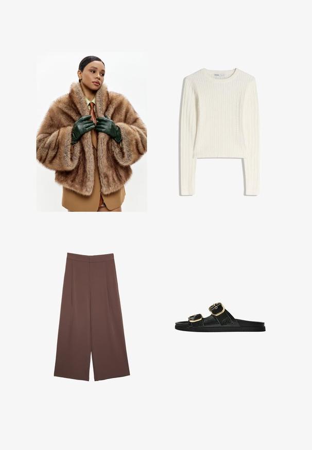 Cappotto di pelliccia marrone con un ampio colletto, abbinato a guanti di pelle verde scuro. Il cappotto ha un aspetto voluminoso e strutturato.; Maglione bianco a trecce con maniche lunghe, scollo rotondo e trama a coste. Il design corto aggiunge un tocco moderno.; Pantaloni ampi marroni con una texture liscia, caratterizzati da una vita alta e pieghe frontali. Il tessuto è leggero e scorre liberamente.; Infradito neri con due accenti di fibbia dorata, materiale dalla texture liscia, suola piatta e design minimalista.