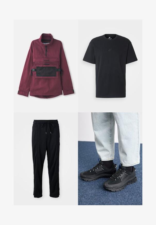 Jachetă pulover burgundy cu guler înalt, buzunar din plasă neagră pe piept, curele ajustabile negre și manșete elastice. Textură de material durabil.; Tricou din bumbac negru Nike, cu guler rotund clasic, mâneci scurte și un logo subtil embosat pe piept. Textură netedă.; Pantaloni casual negri cu șnur la talie, cu buzunare laterale și croială dreaptă, pe un fundal simplu.; Pantofi sport negri, cu țesătură texturată și tălpi din cauciuc, având șireturi elastice și un accent albastru pe toc. Purtați cu pantaloni din denim deschis.
