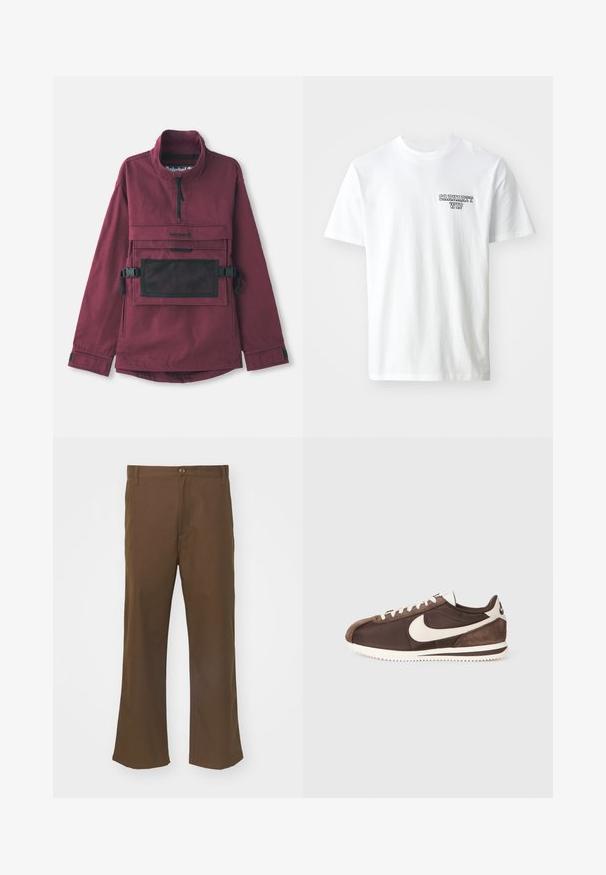 Burgundský svetr s vysokým límcem, černou síťkovou kapsou na hrudi, nastavovacími černými popruhy a elastickými manžetami. Odolná textilie.; Bílý bavlněný tričko s kulatým výstřihem. Na levé straně hrudi je malé modré textové logo "CARHARTT WIP". Klasický střih, krátké rukávy.; Hnědé rozšířené kalhoty vyrobené ze hladké tkaniny s zapínáním na knoflík, které mají přední kapsy a rovné švy podél nohavic.; Hnědé tenisky kombinující semiš a plátno, s bílým logem Nike swoosh a texturovanou gumovou podešví.