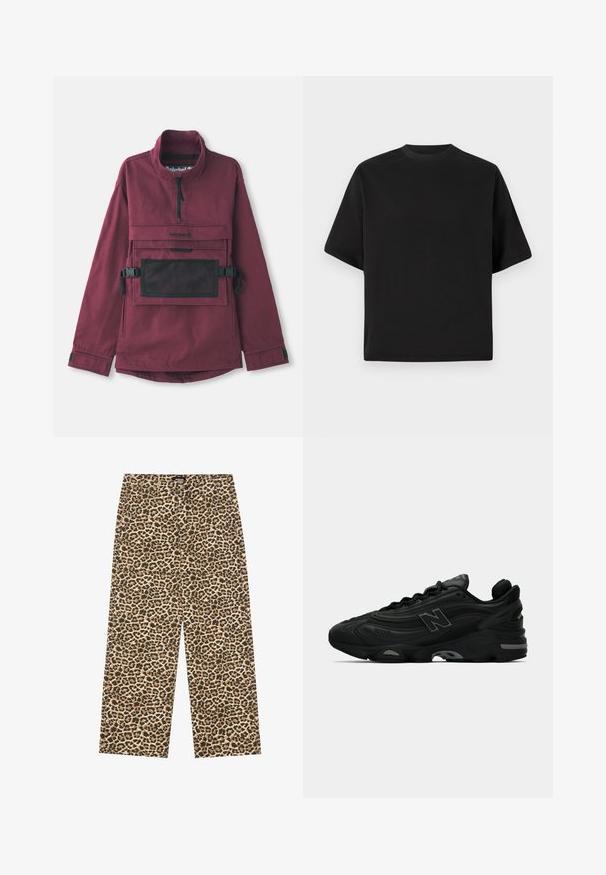 Burgundin värinen vetoketjullinen takki, jossa on korkea kaulus, musta verkkotasku rinnassa, säädettävät mustat hihnat ja joustavat hihansuut. Kestävä kangas.; Musta lyhythihainen T-paita väljästi istuvana, valmistettu sileästä puuvillasta, jossa on pyöreä pääntie ja minimalistinen muotoilu.; YOURTURN UNISEX - Relaxed fit -farkut - beige/black; Mustat urheilukengät, joissa on teksturoitu päällinen, mukana näyttävä logo, paksu pohja ja hienovaraiset harmaat yksityiskohdat designissa.