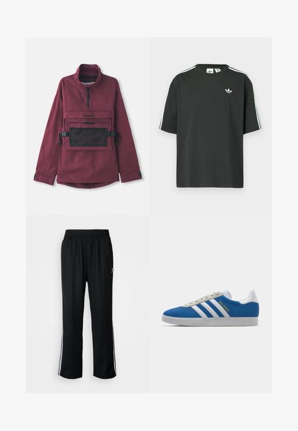 Bordo pūkuota striukė su aukštu apykakliu, juoda tinklinė kišenė ant krūtinės, reguliuojamos juodos petnešos ir elastingi rankogaliai. Patvari audinio tekstūra.; Juoda medvilninė trumpų rankovių marškinėliai su apvalia apykakle ir trimis baltomis juostelėmis ant pečių. Priekyje yra mažas baltas logotipas.; Juodi sportiniai keliai su elastingu juosmeniu, su baltais šonais ir mažu logotipu. Atrodo, kad medžiaga yra minkšta ir lengva.; adidas Originals ADIDAS GAZELLE SHOES - Salės futbolo bateliai - real madrid/bluebird/footwear white/crew yellow