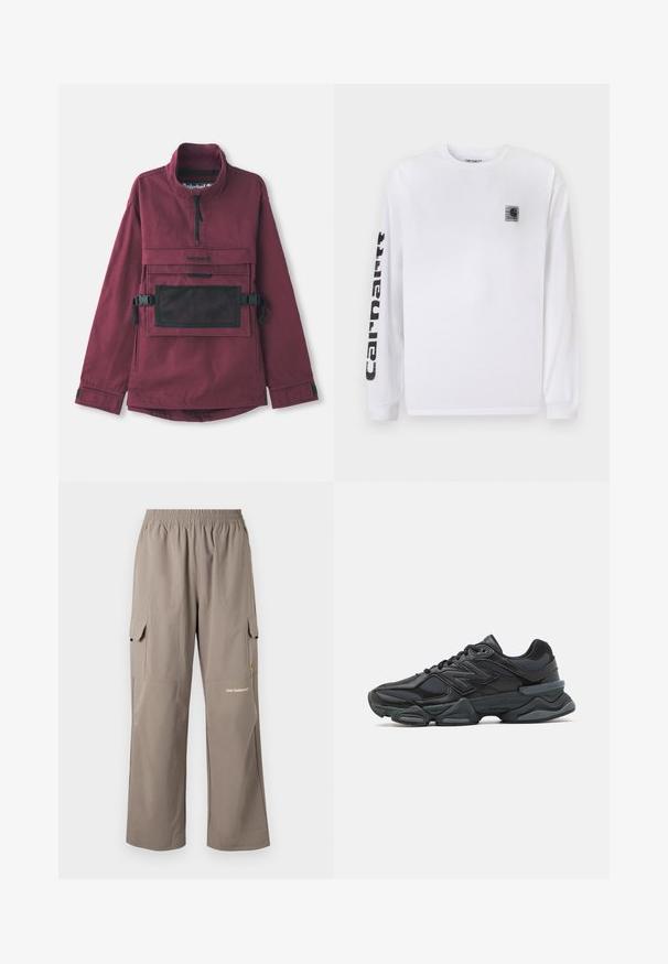 Burgundowy pulower z wysokim kołnierzem, czarna siatkowa kieszeń na klatce piersiowej, regulowane czarne paski i elastyczne mankiety. Trwała faktura tkaniny.; Biała bawełniana koszulka z długim rękawem, z małą czarną naszywką z logo na piersi oraz wyboldowanym czarnym napisem na lewym rękawie.; Spodnie cargo wykonane z lekkiego materiału, w kolorze taupe, z elastycznym paskiem w talii, bocznymi kieszeniami i subtelnym logo marki.; Czarne buty biegowe z mieszanką siateczki i materiałów syntetycznych, masywną podeszwą, opływowym kształtem oraz wyraźnym brandingiem z boku.