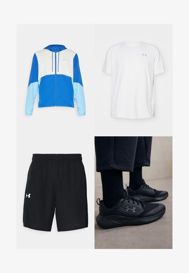 Under Armour LEGACY  - Jachetă de vânt - tech blue/horizon blue; Camică sport cu mânecă scurtă, de culoare albă, fabricată dintr-un material neted. Dispune de un guler tip crew și un logo gri pe pieptul stâng, cu slituri laterale la tiv.; Șorturi atletice negre, dintr-un material ușor, cu un tiv elastic și un logo alb pe partea stângă.; Persoană purtând adidași sport negri cu laturi texturate și logo, asortați cu șosete negre și pantaloni scurți, pe un podea deschisă.