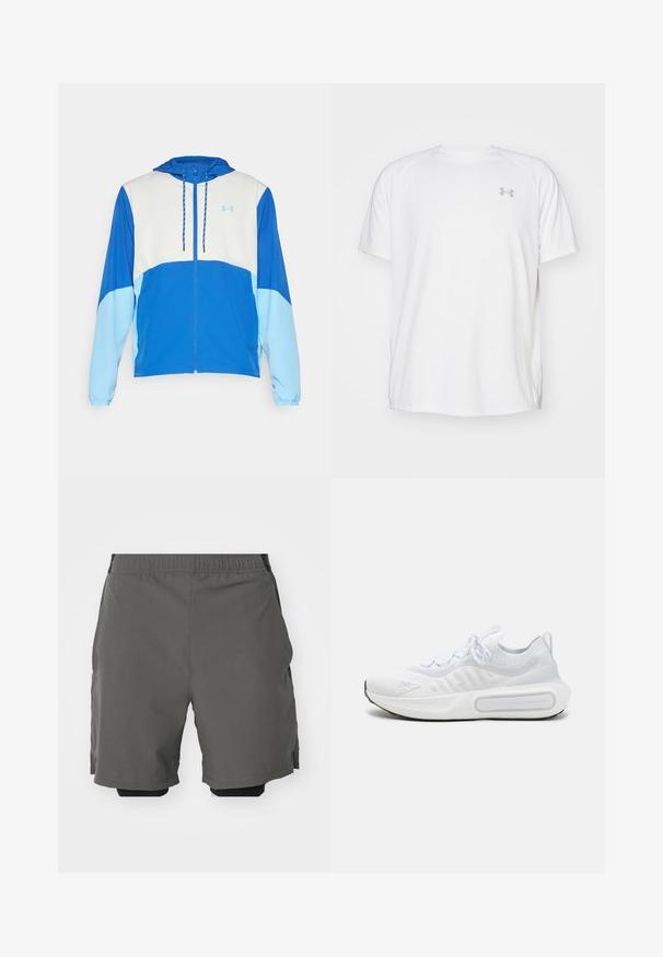 Under Armour LEGACY - Vetrovka - tech blue/horizon blue; Bela kratka športna majica s kratkimi rokavi, izdelana iz gladkega blaga. Ima okroglo ovratnico in sivo logotip na levi prsi ter stranske razpoke na robu.; Sive športne hlače z gladkim, lahkim materialom in elastičnim pasom, ki vsebujejo notranje kompresijske hlače in stranske žepke.; Bela športna čevlja s teksturirano pletenino, vezanjem na vezalke, blaženim podplatom in značilnim logotipom na strani.