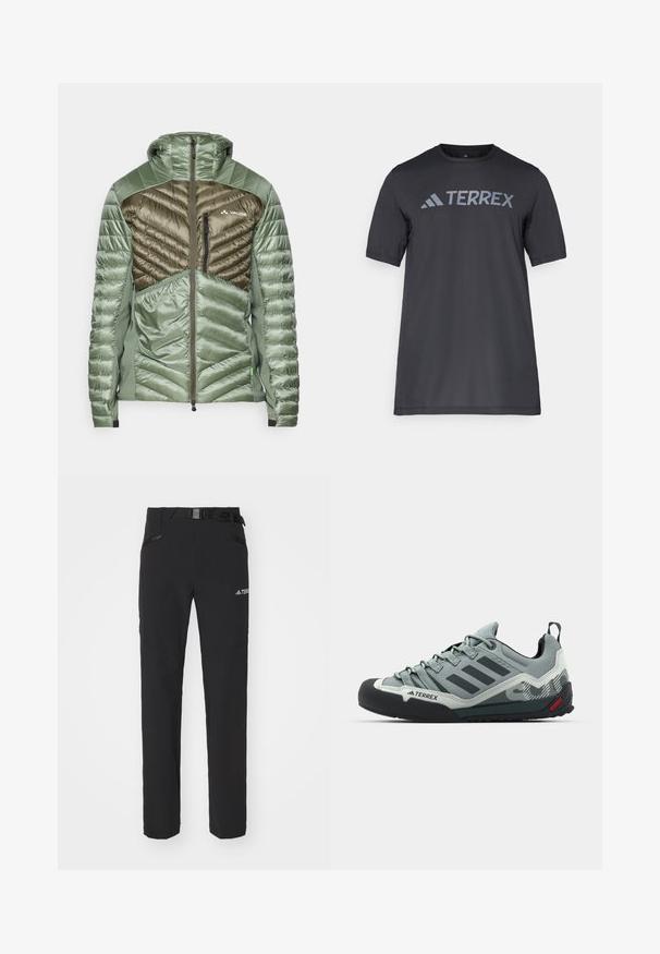 Vaude SESVENNA PRO - Giacca da sci - agave; T-shirt nero a maniche corte realizzato in tessuto leggero, con il logo "TERREX" grigio chiaro sul petto e colletto tondo.; Pantaloni outdoor neri con tessuto liscio, tasche laterali con zip, sezioni delle ginocchia rinforzate e una cintura regolabile con fibbia.; Scarpe da arrampicata grigie con una tomaia strutturata, punta in gomma nera, tre strisce scure e un piccolo accento rosso sulla suola.