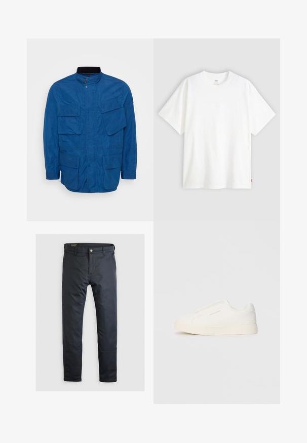 Blue jacket with a high collar, front snap closure, and multiple large flap pockets. Made of smooth material with a structured fit.; White short-sleeve t-shirt made of cotton with a crew neck. Features subtle embossed logo detail on the front and a red label at the hem.; Navy blue pants made of smooth fabric, featuring a button closure, belt loops, and subtle stitching details; classic straight-leg design.; White slip-on sneakers with a textured surface, a thick sole, and minimalistic design. Features brand logo on the side.