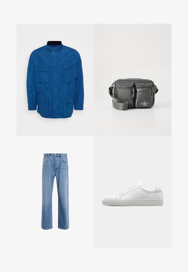 Sinine jakk kõrge kraega, ees nupuga suletav ja mitme suure klapiga taskuga. Valmistatud siledast materjalist, millel on struktureeritud lõige.; Pikad varrukad, kõrge kaelusega särk heleses puuvillas. Sile tekstuur, lõdva lõikega, minimalistik disain, ilma nähtavate mustrite või aktsentideta.; Heledad sinine teksapüksid otse lõikega, viie taskuga, nupuga sulgemine, minimaalne kulumine ja kontrastsed õmbluse detailid.; Valge tennisetoss, millel on sile nahk pealis ja madal profiil. Omab ümarat ninaosa, kuut silmust ja tekstuuriga kummist talda.; Halletud nailonist ristiüle kantav kott, millel on kaks lukuga esikotid, reguleeritav rihm ja logo aktsent. Sile tekstuur ja kaasaegne disain.