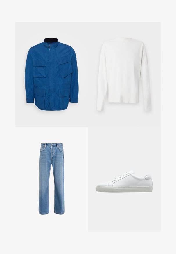 Casaco azul com gola alta, fecho na frente por botões de pressão e vários bolsos frontais grandes com aba. Feito de um material suave com um corte estruturado.; Camisa de algodão branca de mangas longas com decote redondo, fendas laterais na parte inferior e uma textura suave, mostrada de trás.; Calças de ganga azul claro com um design de perna reta, cinco bolsos, fecho de botão, desgaste mínimo e detalhes de costura em contraste.; Sapatilha branca com um cabedal em couro liso e de perfil baixo. Apresenta um bico redondo, seis ilhoses e uma sola de borracha texturizada.