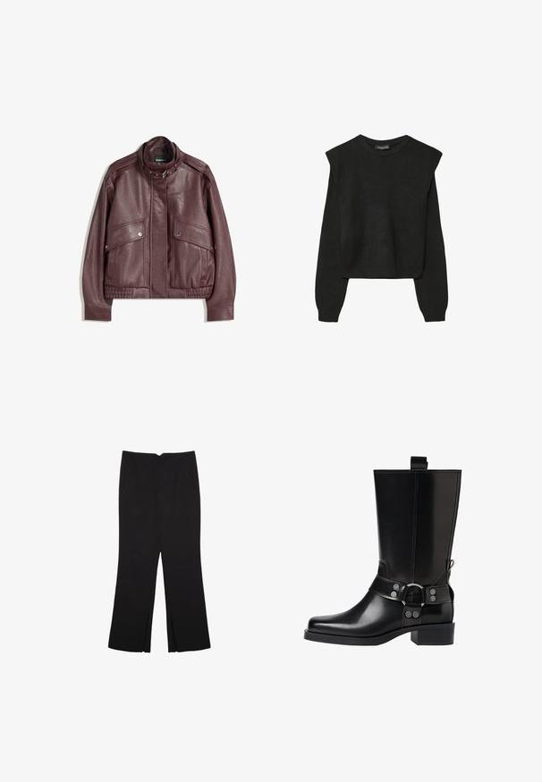Temno marin usnjeni jakni z visokim ovratnikom, žepi na gumb, zadrgo in zaponko za pas na ovratniku, položeni na belo ozadje.; Črn dolgi pulover iz pletenine z oblazinjenimi rameni ter rebrastimi manšetami in robom, prikazan na beli podlagi.; Črne hlače ravnega kroja z naglavnimi žepi in stranskimi razporki na robu. Narejene iz mehke, gladke tkanine. Primerne za različne priložnosti.; Črne usnjene škornje do kolen s koničastim nosom, srebrnimi zaponkami in debelim peto. Imajo zanko za enostavno obuvanje.