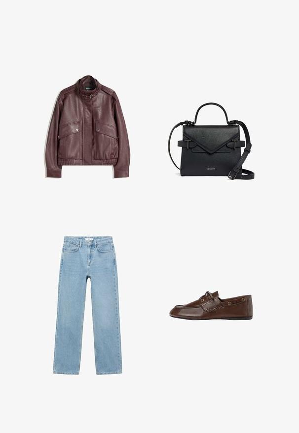 Dark maroon leather jacket with high collar, front snap-button pockets, zipper, and belt buckle closure at collar, laid flat on white background.; White short-sleeve t-shirt made from soft fabric, featuring a crew neckline and rolled cuffs, with a tag visible at the back.; Light blue denim jeans with a straight-leg cut, featuring a front button closure, belt loops, and subtle fading on the fabric.; Brown leather slip-on shoes with a smooth texture, featuring decorative stitching and round eyelets. Flat sole with a rounded toe design.; Small black leather handbag with a structured design, featuring a triangular flap and adjustable strap. Hardware accents in black metal.