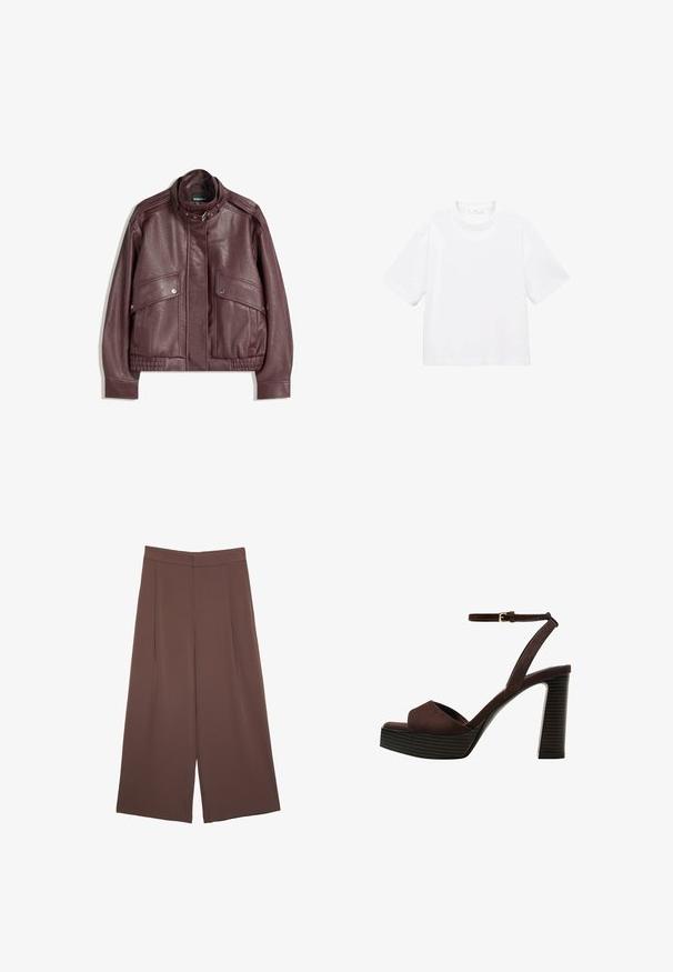 Tmavě vínová kožená bunda s vysokým límcem, předními kapsami na cvoky, zipem a přezkou na límci, položená na bílém pozadí.; Bílý bavlněný tričko s krátkým rukávem a kulatým výstřihem. Jednoduchý design, volný střih, hladká textura. Žádné vzory ani zvýraznění nejsou viditelné.; Hnědé široké kalhoty s hladkou texturou, vysokým pasem a předními záhyby. Materiál je lehký a volně splývá.; Hnědé semišové sandály na vysokém podpatku s otevřenou špičkou, nastavitelným páskem kolem kotníku a proužkovou platformou.