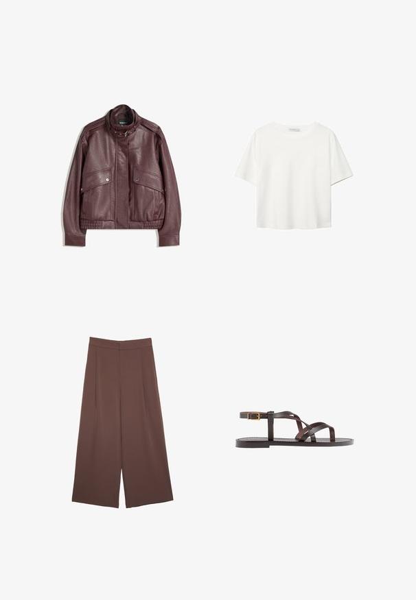 Giacca di pelle marrone scuro con collo alto, tasche anteriori con bottone a pressione, zip e chiusura con fibbia al collo, distesa su uno sfondo bianco.; T-shirt bianco a maniche corte realizzato in cotone. Presenta un collo tondo e una vestibilità rilassata. Texture liscia senza motivi o dettagli visibili.; Pantaloni ampi marroni con una texture liscia, caratterizzati da una vita alta e pieghe frontali. Il tessuto è leggero e scorre liberamente.; Sandal in pelle marrone con cinturini incrociati, chiusura con cinturino alla caviglia e suola piatta con dettagli di cucitura minimi.