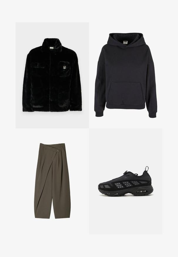 Crna jakna od umjetnog krzna s ovratnikom, dva prednja džepa i malim logotipom na gornjoj lijevoj strani. Mekana tekstura i opušteni kroj.; Crna pamučna dukserica s prostranom kengurufom, velikom kapom, rebrastim manžetama i rubom. Jednostavan, pulover dizajn bez vidljivih uzoraka.; Široke hlače od tamno maslinaste tkanine, s naboranim prednjim dijelom, kopčanjem na gumb i sjajnom, teksturiranom površinom.; Crne atletske cipele s podstavljenom potplatom, mrežastim gornjim dijelom i teksturiranim detaljima. Uključuju traku za povlačenje i okruglu kopču na vrhu.