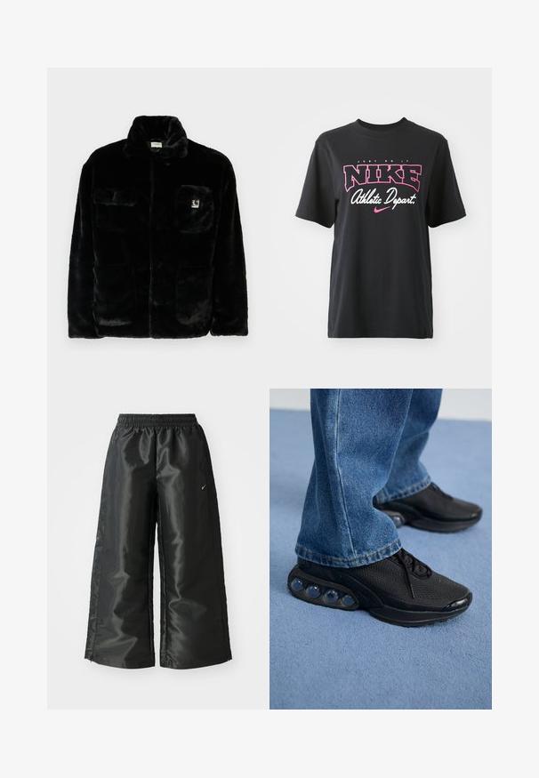 Must have kunstkarva jope kraega, kahe esikotiga ja väikese logo kleebisega vasakul ülal. Pehme tekstuur ja lõdva lõikega.; Must musta T-särk musta värviga, millel on roosa ja valge graafiline print tekstiga "JUST DO IT", "NIKE" ja "Athletic Depart." Tavaline lõige.; Mustad mustad sportsipüksid läikiva, siledaga kangaga, pa elastse vöökoha, laia sääre ja väikese logoga vasakul küljel.; Mustad mustandid jooksujalatsid, millel on võrkmaterjalist ülemine osa, tekstuuriga detailid ja nähtavad õhkpadjad tallas. Kandmine siniste teksadega.