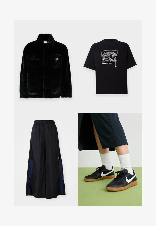 Czarna kurtka z futra syntetycznego z kołnierzem, dwoma przednimi kieszeniami i małą naszywką z logo na górze po lewej stronie. Miękka tekstura i luźny krój.; Czarna koszulka z krótkim rękawem wykonana z bawełny. Na przodzie znajduje się biały nadruk w kształcie pajęczyny oraz logo. Prosty, zaokrąglony dekolt.; Czarne spodnie szerokie wykonane z lekkiego materiału, z granatowym bocznym panelem i elastycznym paskiem w talii. Małe białe logo na dole.; Czarne skórzane i syntetyczne sneakersy z białym logo Nike, gumową podeszwą, okrągłym noskiem i czarnymi sznurowadłami. Widziane są ribbowane białe skarpetki.