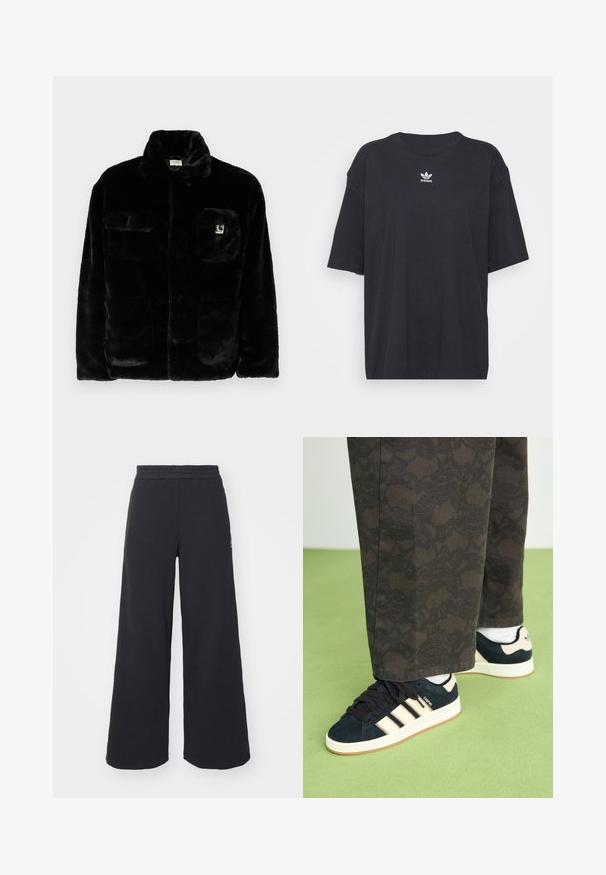 Giacca in pelliccia sintetica nera con colletto, due tasche frontali e una piccola toppa con logo sul lato sinistro in alto. Texture morbida e vestibilità rilassata.; T-shirt in cotone nero con maniche corte, scollatura rotonda, presenta un logo bianco Adidas sul petto. Design semplice, vestibilità rilassata.; Pantaloni felpati neri a gamba larga realizzati in tessuto morbido, con un elastico in vita e un piccolo logo sul lato sinistro.; Pantaloni neri e a fantasia abbinati a sneaker in camoscio blu marina con strisce crema e suole bianche. Le superfici mostrate sono texturate e piatte.