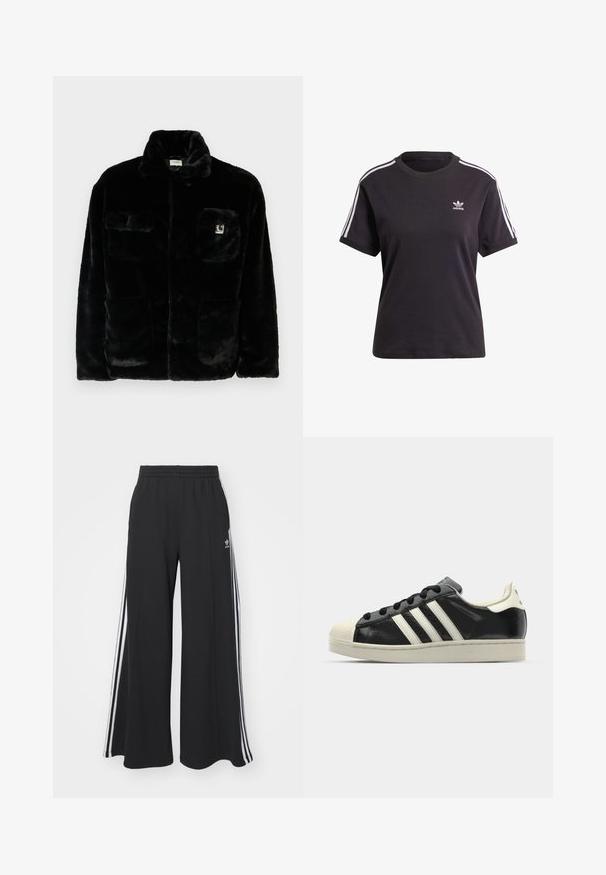 Must have kunstkarva jope kraega, kahe esikotiga ja väikese logo kleebisega vasakul ülal. Pehme tekstuur ja lõdva lõikega.; Must kõrge kaelusega must puuvillane T-särk lühikeste varrukatega, millel on valged triibud õlgadel ja väike valge Adidas'i logo rinna peal.; Mustad laiad trenni püksid elastse vöökohtaga, millel on valged küljeribad ja tikitud logo vasakul reiel.; Must have nahkased mustad tossud valgete triipudega, kummist varbakattega, mustade paeltega ja kreemika värvusega tallaga. Sile tekstuur ja läikiv viimistlus.