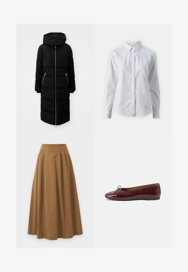 Svart puffjacka med huva, knälång, med dragkedja fram, två sidofickor och en vadderad struktur. Inkluderar justerbara dragsnoddar för huvan.; Vit skjorta med knappar, tillverkad av mjuk bomull, med klassisk krage, långa ärmar och en böjd fåll. Knapparna är små och vita.; Brun bomull A-linje kjol med hög midja, med veck ned längs framsidan och en mjuk textur. Sömmen är ren och enkel.; Burgunderfärgad lackläderballettskor med rund tå, liten rosettdekoration fram och en låg, svart gummisula. Slät textur.