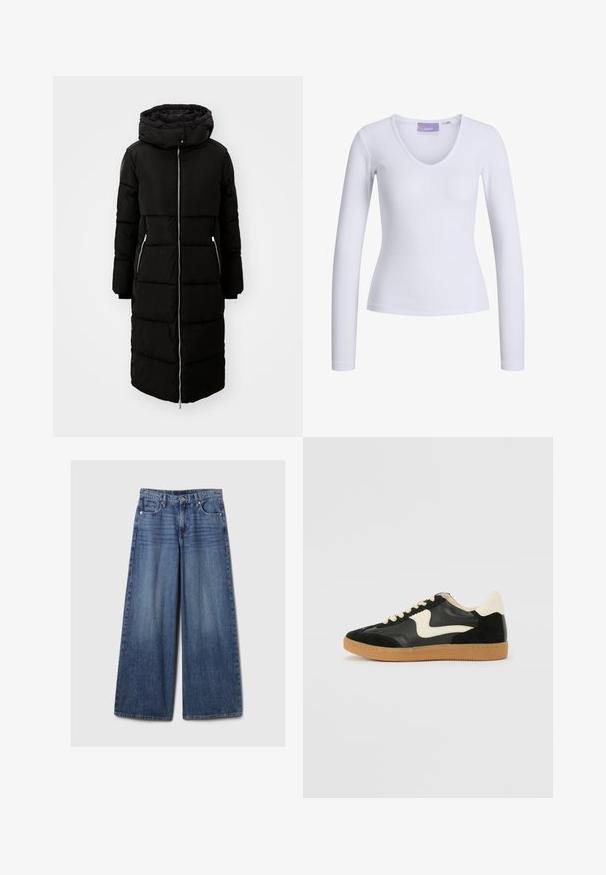 Melnā pūkaina jaka ar kapuci, līdz ceļiem, ar rāvējslēdzēju priekšpusē, divām sānu kabatām un quilted tekstūru. Ietver regulējamus kapuces aukliņas.; Balta garenā piedurkņu blūze ar ribota tekstūra un V veida kakla izgriezumu. Kakla iekšpusē redzams zīmola nosaukums "JJXX".; Platām kājām zila denima bikses ar izbalējušu apdari, ar pogu un rāvējslēdzēju, pieciem kabatām un jostu cilpām.; Melna zamšāda un ādas sporta apavi ar krēmkrāsas sānu svītru un gaiši krēmkrāsas papēdi. Ar beigu krāsas auklām un gumijas zole.