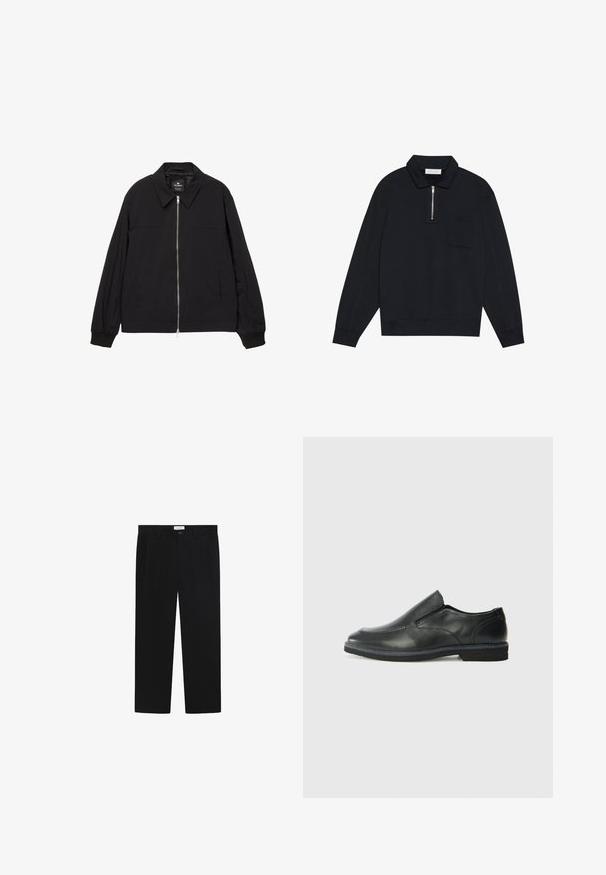 Černá lehká bunda s špičatým límcem, celopropínacím zipem vpředu a elastickými manžetami. Má boční kapsy a hladkou matnou texturu.; Pier One Mikina - black; Černé kalhoty s rovným střihem, předními kapsami a zapínáním na knoflík. Vyrobeny z hladkého materiálu s lesklým povrchem.; Černá kožená nazouvací bota s hladkým svrškem, prošívanými detaily, zaoblenou špičkou a nízkým gumovým podpatkem. Podešev má minimální vzorek.