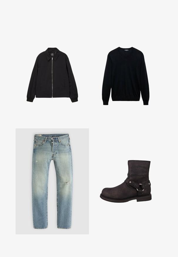 Black lightweight jacket with a pointed collar, full front zip, and elastic cuffs. Features side pockets and a smooth, matte texture.; Black long-sleeve V-neck sweater with ribbed cuffs and hem, displayed on a white background.; Light blue denim jeans with a straight leg, five pockets, button fly, and small distressed tears on left thigh and right knee.; Black leather motorcycle boot with a rounded toe, ankle height, and visible branding. Features a strap with a metal ring and silver hardware accents.