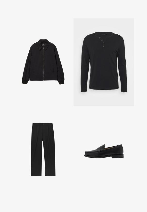 Črna lahka jakna z zadrgo, ovratnikom, elastičnimi manšeti in stranskimi žepi. Gladka tekstura z minimalnimi detajli.; Črna dolga majica s kratkimi rokavi henley iz mehkega blaga, ki ima gumbasto zaponko, okroglo ovratnico in oprijete rokave.; Črne hlače z ravnim krojem, narejene iz gladkega materiala. Imajo sprednje gube in enojno zaponko na pasu.; Mango Elegantni čevlji brez vezalk - black