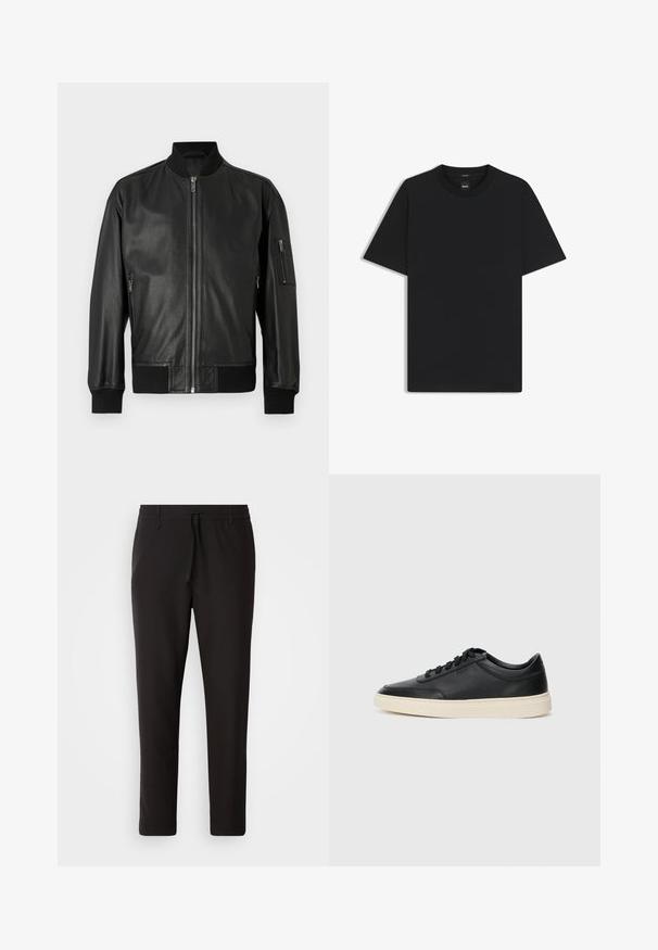 Black leather bomber jacket with front zipper, ribbed collar, cuffs, hem, and zippered pocket on the left sleeve.; Black short-sleeve T-shirt made from a smooth cotton blend, featuring a crew neckline and a minimalistic design with no patterns or accents.; Black jogger pants made of smooth fabric. Feature an elastic waistband with a drawstring, tapered legs, and no visible pockets. Simple design.; Black low-top leather sneaker with black laces and off-white sole shown in side profile on white background.