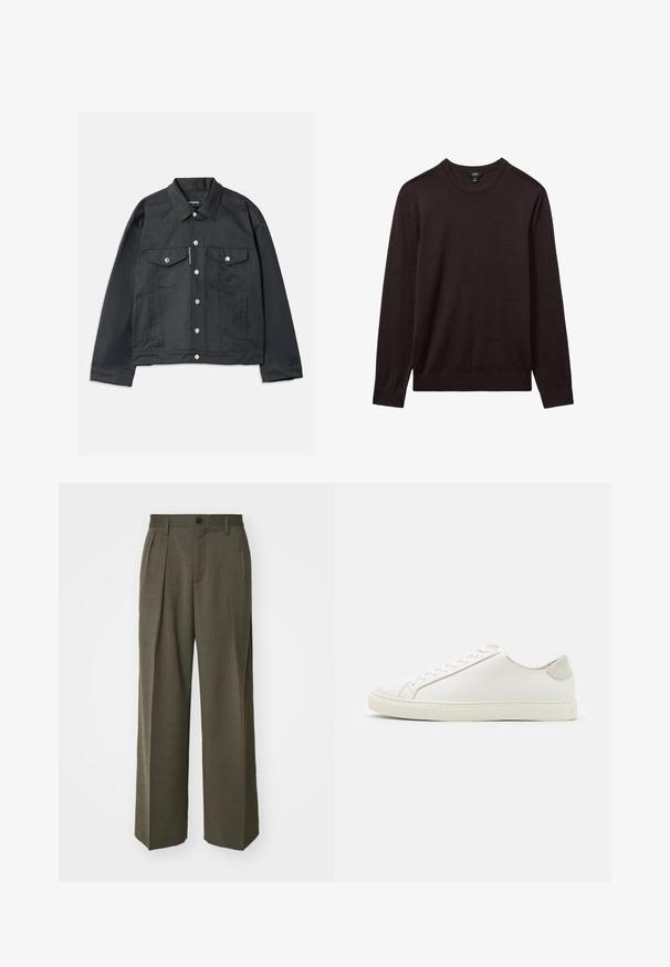 Black denim jacket featuring a button-up front, two chest pockets with flaps, silver hardware, and a classic collar. Smooth texture, cropped fit.; Reiss Jumper - dark bordeaux; Filippa K WIDE TROUSERS - Trousers - driftwood; White leather sneaker with a smooth surface, round toe, and minimalistic design. Features beige accents on the heel and a rubber sole.