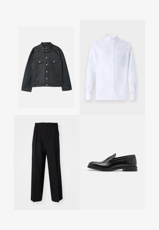 Jachetă din denim neagră, cu închidere prin nasturi, două buzunare pe piept cu clapete, accesorii argintii și guler clasic. Textură fină, croială scurtă.; Cămașă albă cu mânecă lungă, din bumbac, prevăzută cu un buzunar pe piept cu broderie tonală, guler și manșete cu buton.; Pantaloni negri plisat cu un design drept și pantaloni largi. Construiți dintr-un material neted, prevăzuți cu închidere cu nasture și bucle pentru curea.; Mocasini din piele neagră cu o textură netedă, vârf rotund și o curea decorativă peste partea superioară. Toc mic, design minimalist.