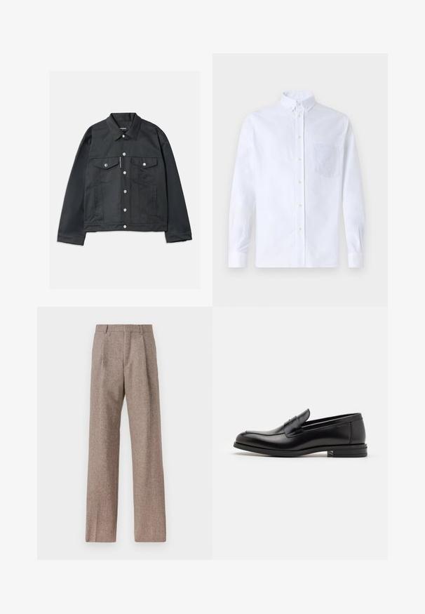 Giacca in denim nera con bottoni frontali, due tasche sul petto con patta, minuteria argentata e colletto classico. Texture liscia, vestibilità corta.; Camicia bianca a maniche lunghe con bottoni, realizzata in cotone, caratterizzata da una tasca sul petto con ricamo tonale, colletto e polsini con bottoni.; Pantaloni marroni a vita alta realizzati in tessuto testurizzato. Presentano gambe ampie e due pieghe frontali per struttura. Rifinitura curata senza hardware visibile.; Mocassini neri in pelle con una texture liscia, punta arrotondata e una striscia decorativa sulla tomaia. Tacco basso impilato, design minimalista.